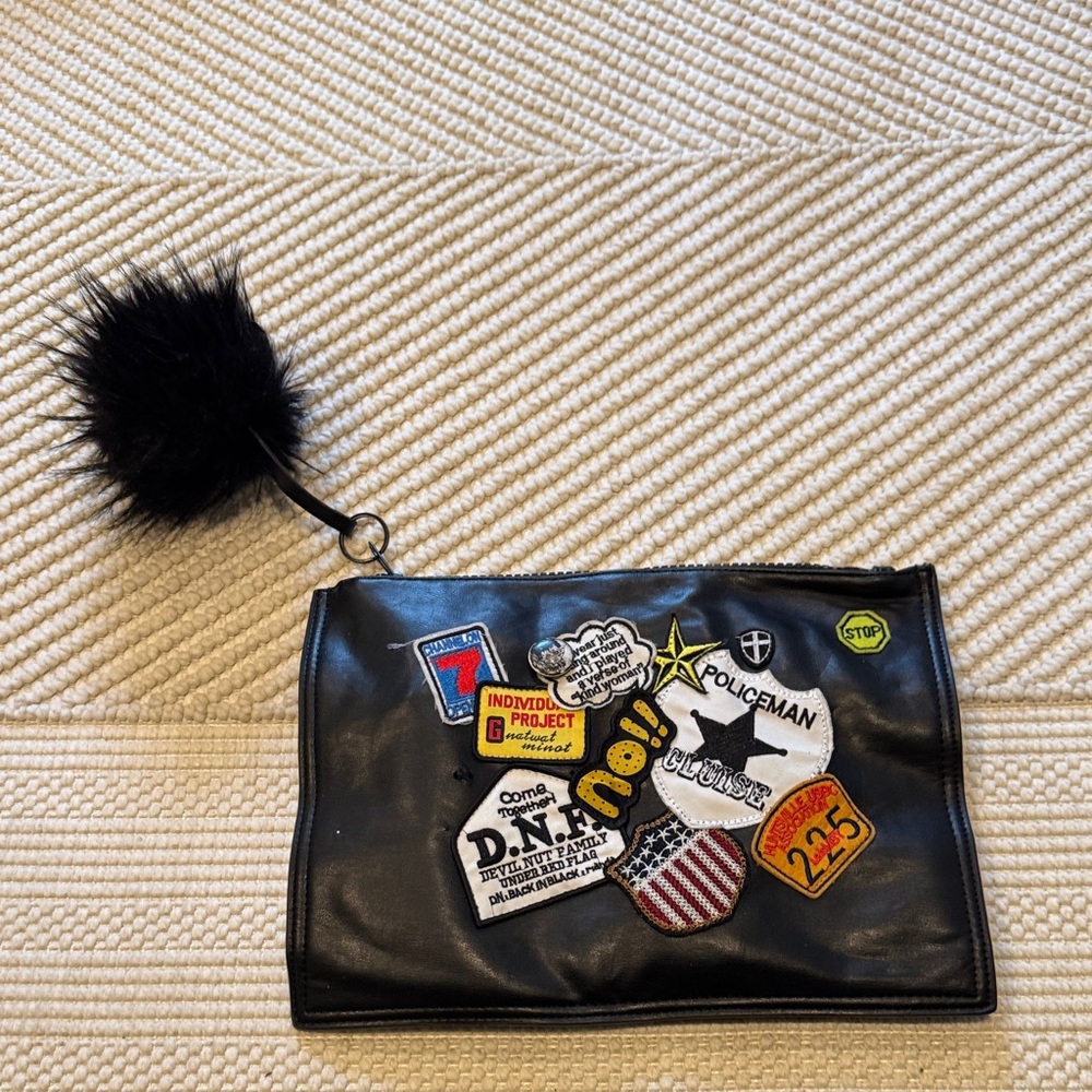 Black Clutch with Fun Patches and Pom Pom